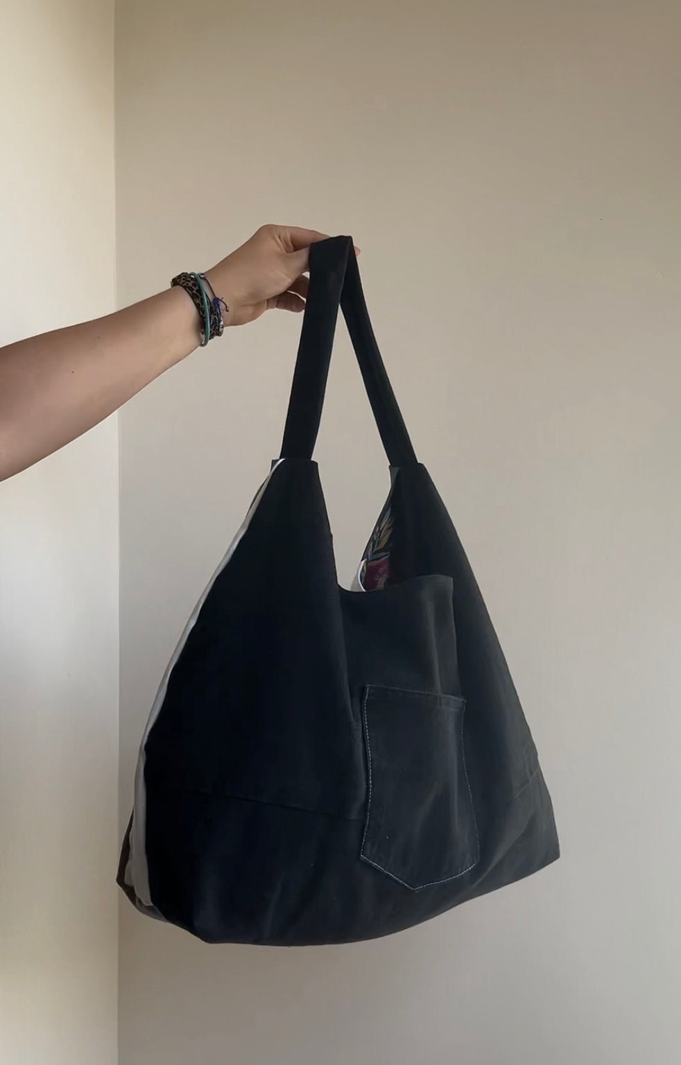 Up-cycled Denim Patchwork Shoulder Bag - Black Tones/ Black Back