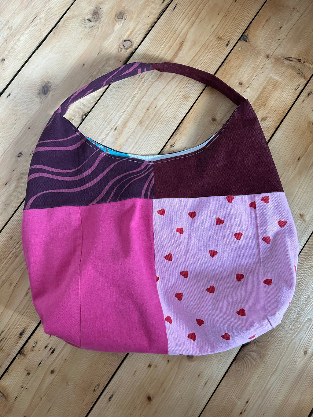 Up-cycled Denim and Heart print Patchwork Shoulder Bag - One of a kind