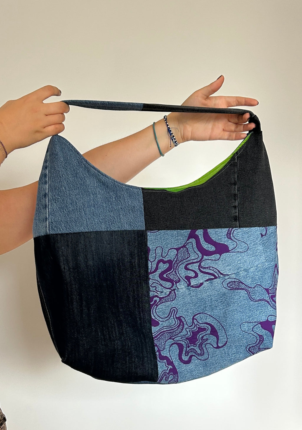 Up-cycled Denim and Screen print Patchwork Shoulder Bag - One of a kind