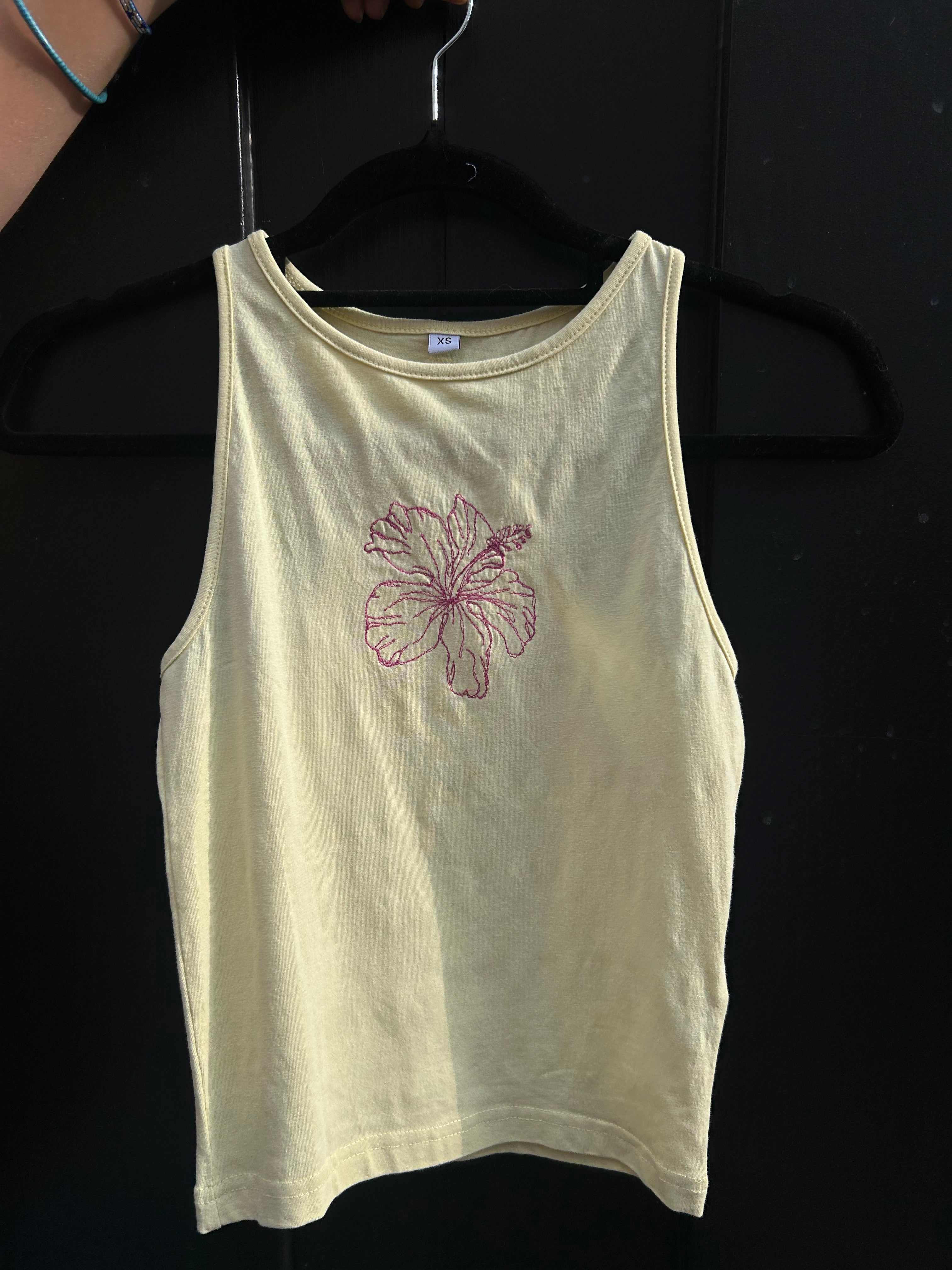 Hand Embroidered Hibiscus Tank Top | Handmade Yellow Vest