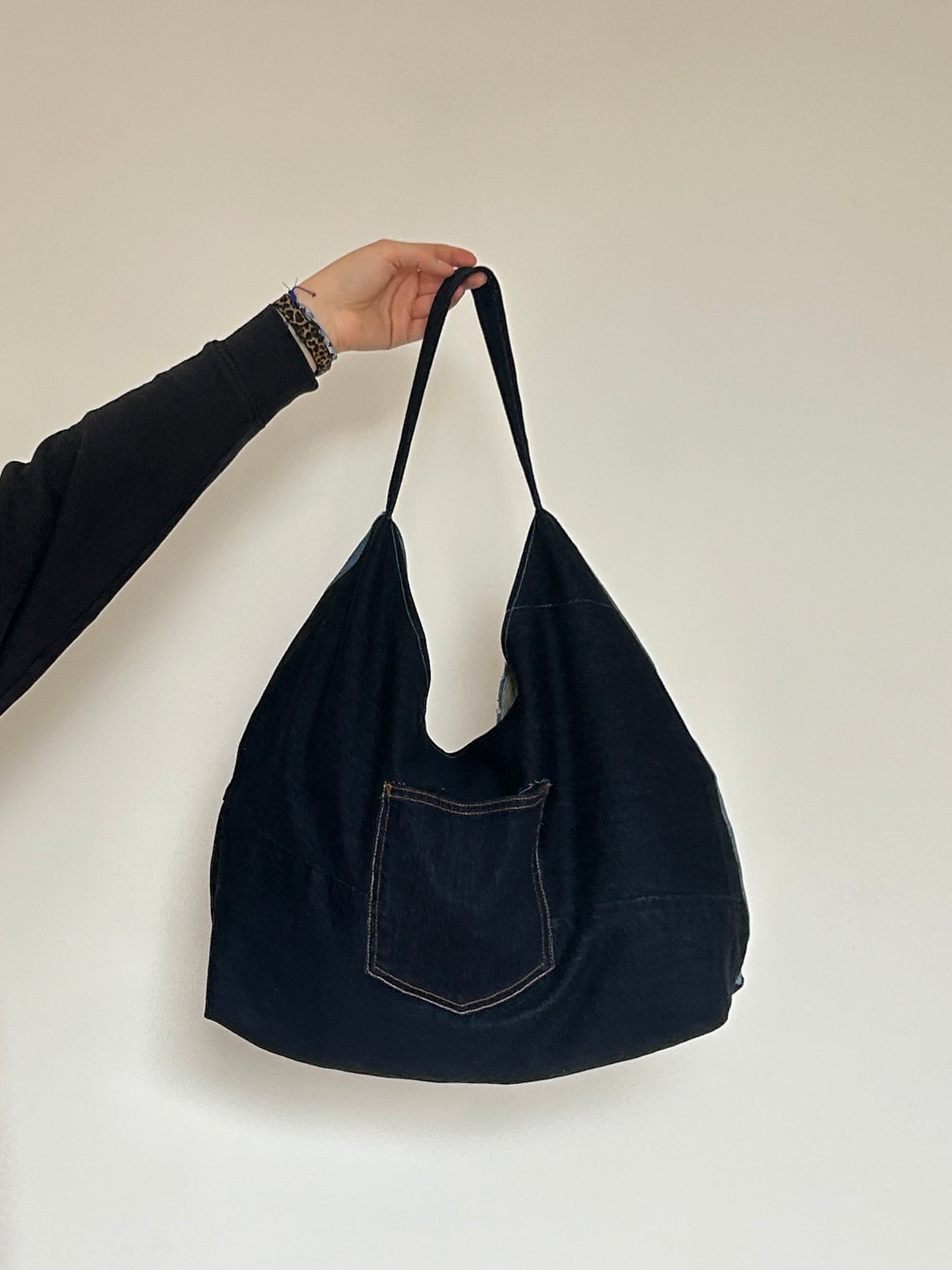 Up-cycled Denim Patchwork Shoulder Bag - Blues/ Navy Back