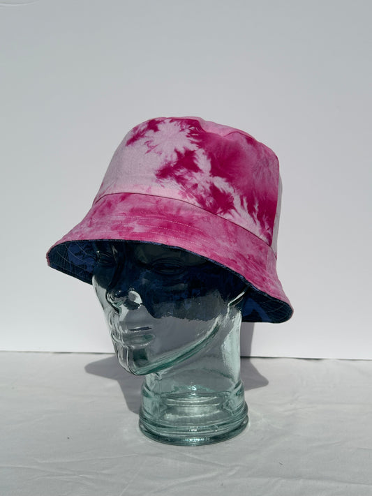 Handmade Reversible Bucket Hat - Medium Pink Ice Dye and Blue swirl Denim