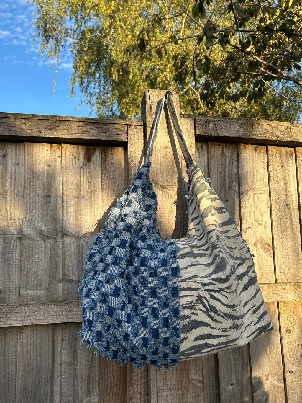 Up-cycled check Denim and Zebra print half and half  Shoulder Bag - One of a kind
