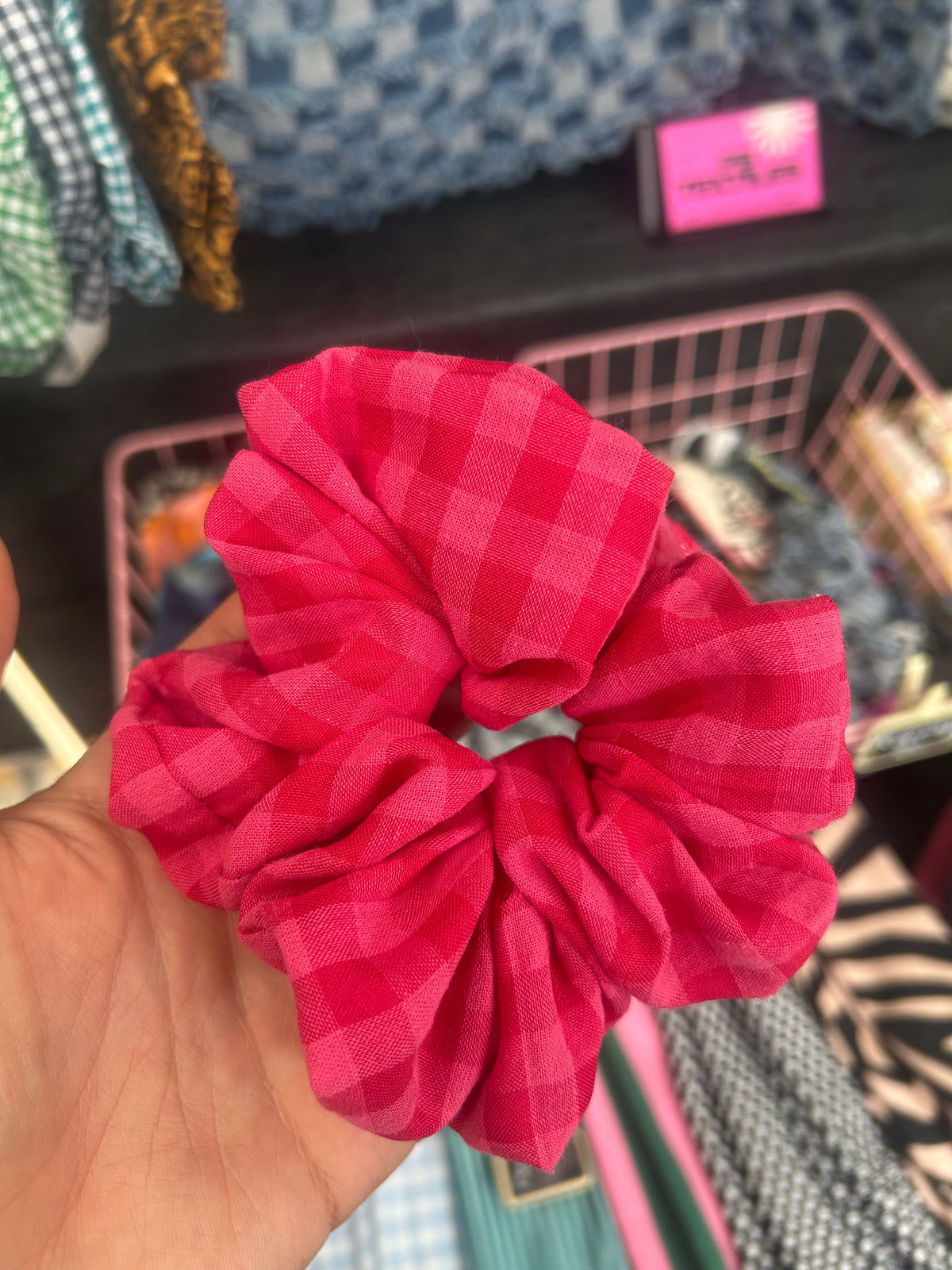 Pink gingham scrunchies