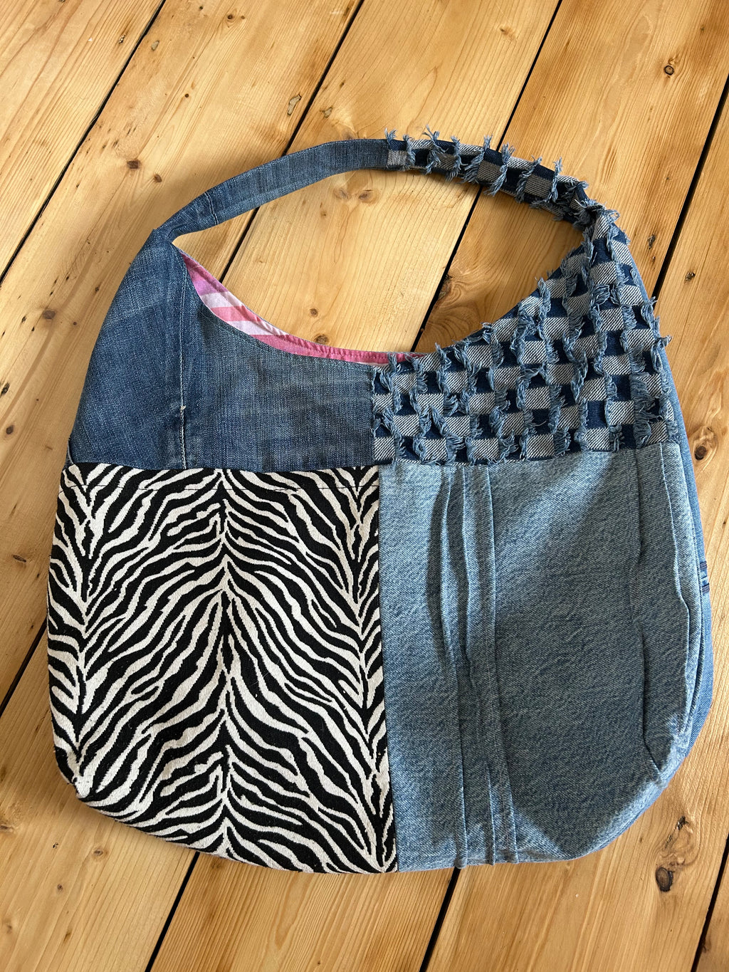 Up-cycled Denim and Zebra print Patchwork Shoulder Bag - One of a kind