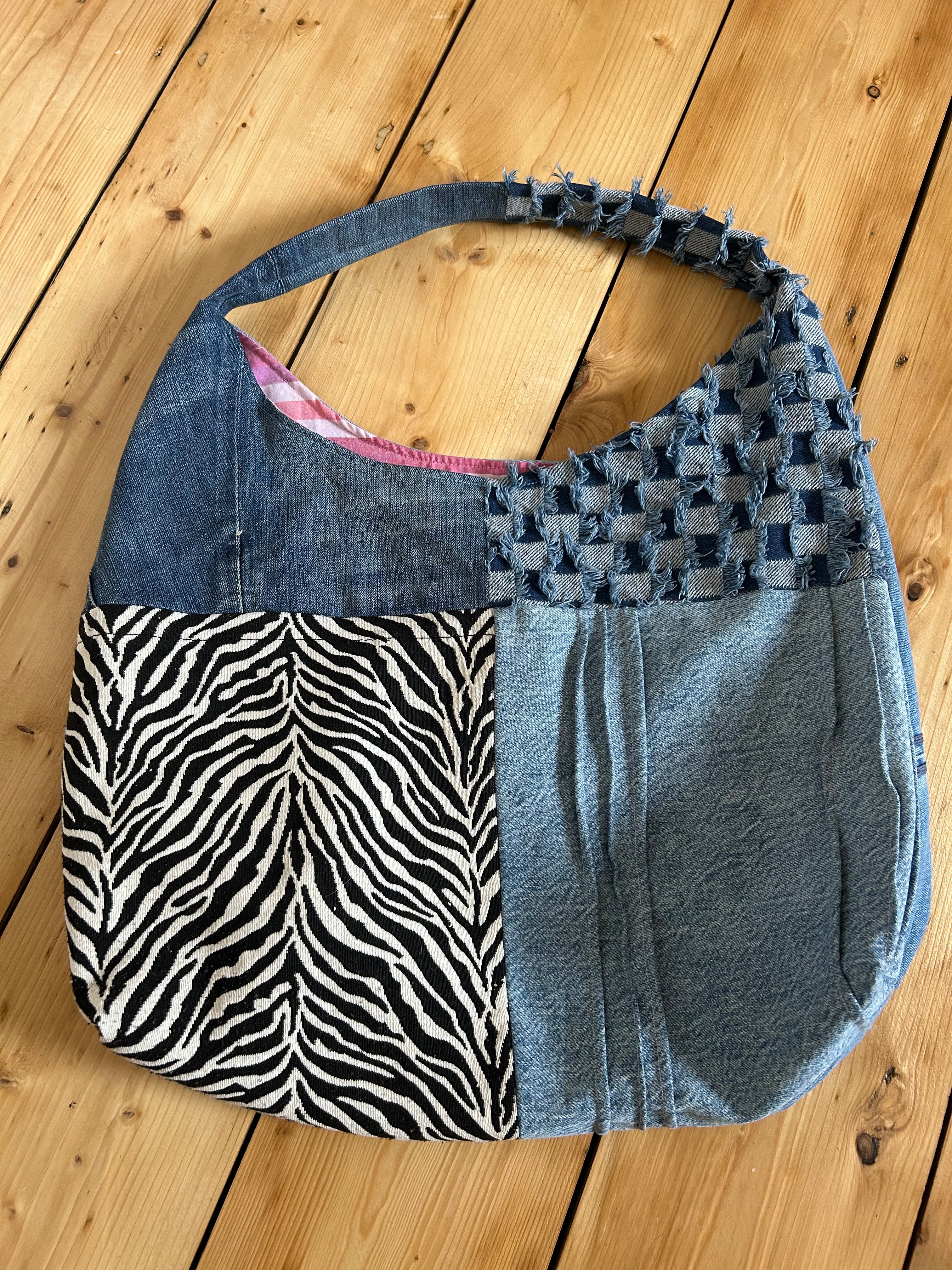 Up-cycled Denim and Zebra print Patchwork Shoulder Bag - One of a kind