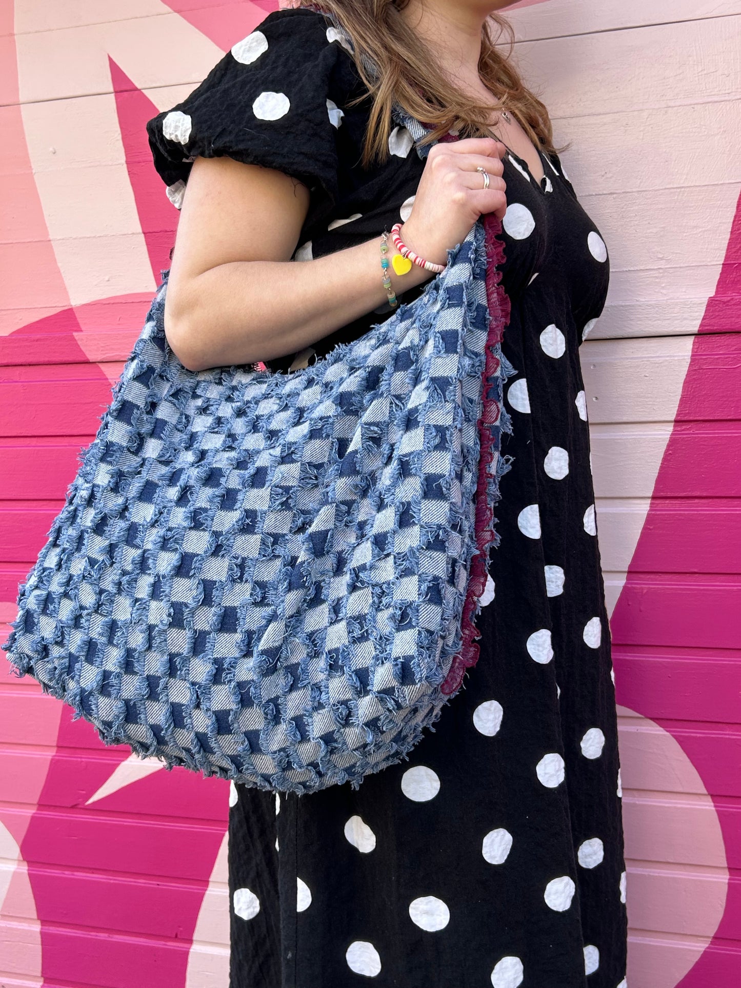 Everything Denim Shoulder Bag - Denim with Burgundy trim