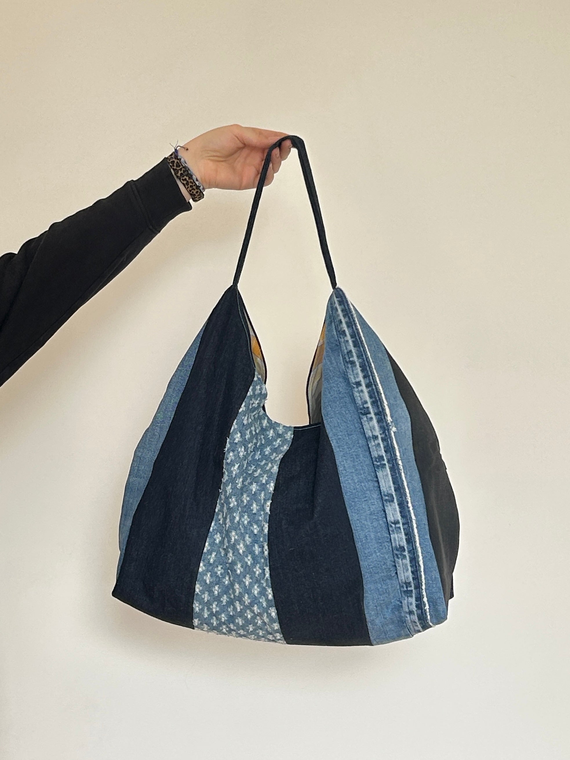 Up-cycled Denim Patchwork Shoulder Bag - Blues/ Navy Back