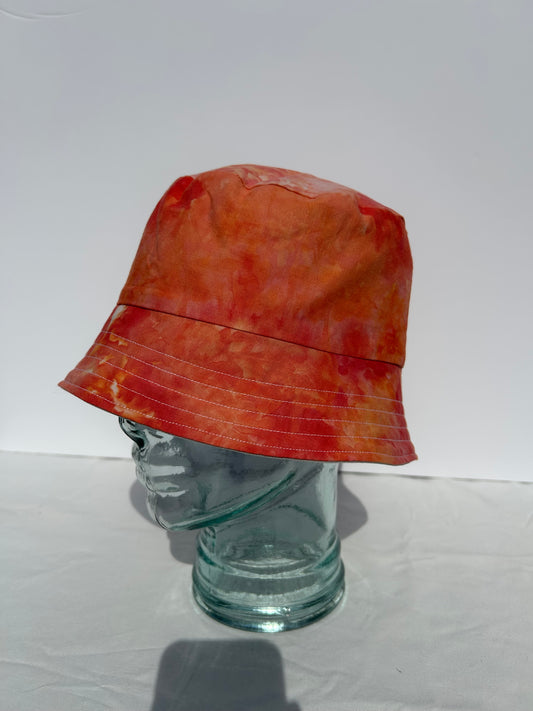 Handmade Reversible Bucket Hat - Medium Orange Ice-Dye and Beige Denim