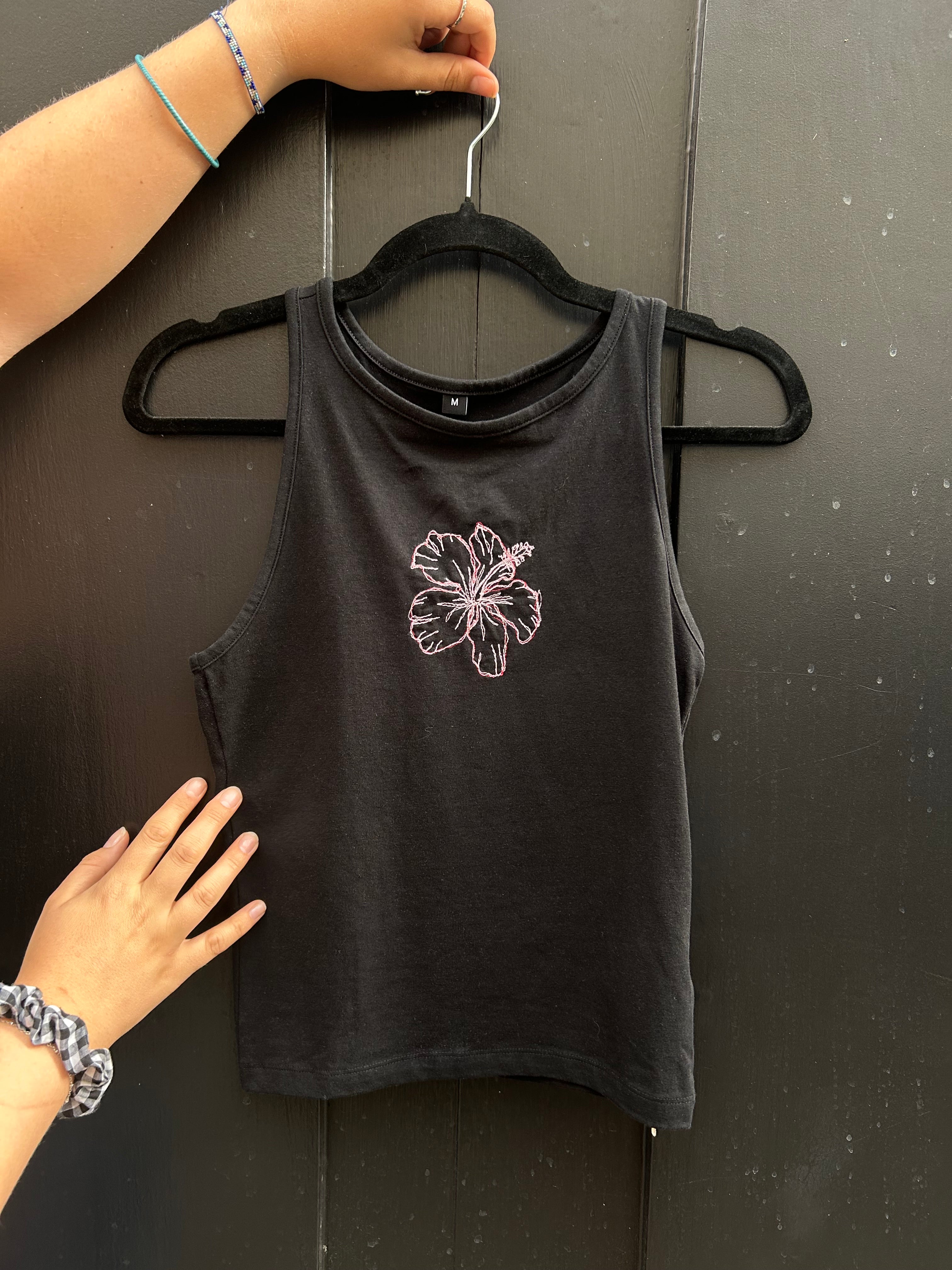 Hand Embroidered Hibiscus Tank Top | Handmade Black Vest