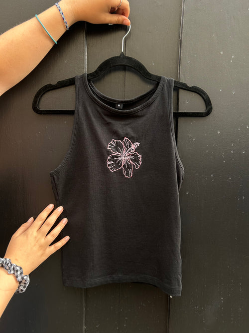 Hand Embroidered Hibiscus Tank Top | Handmade Black Vest