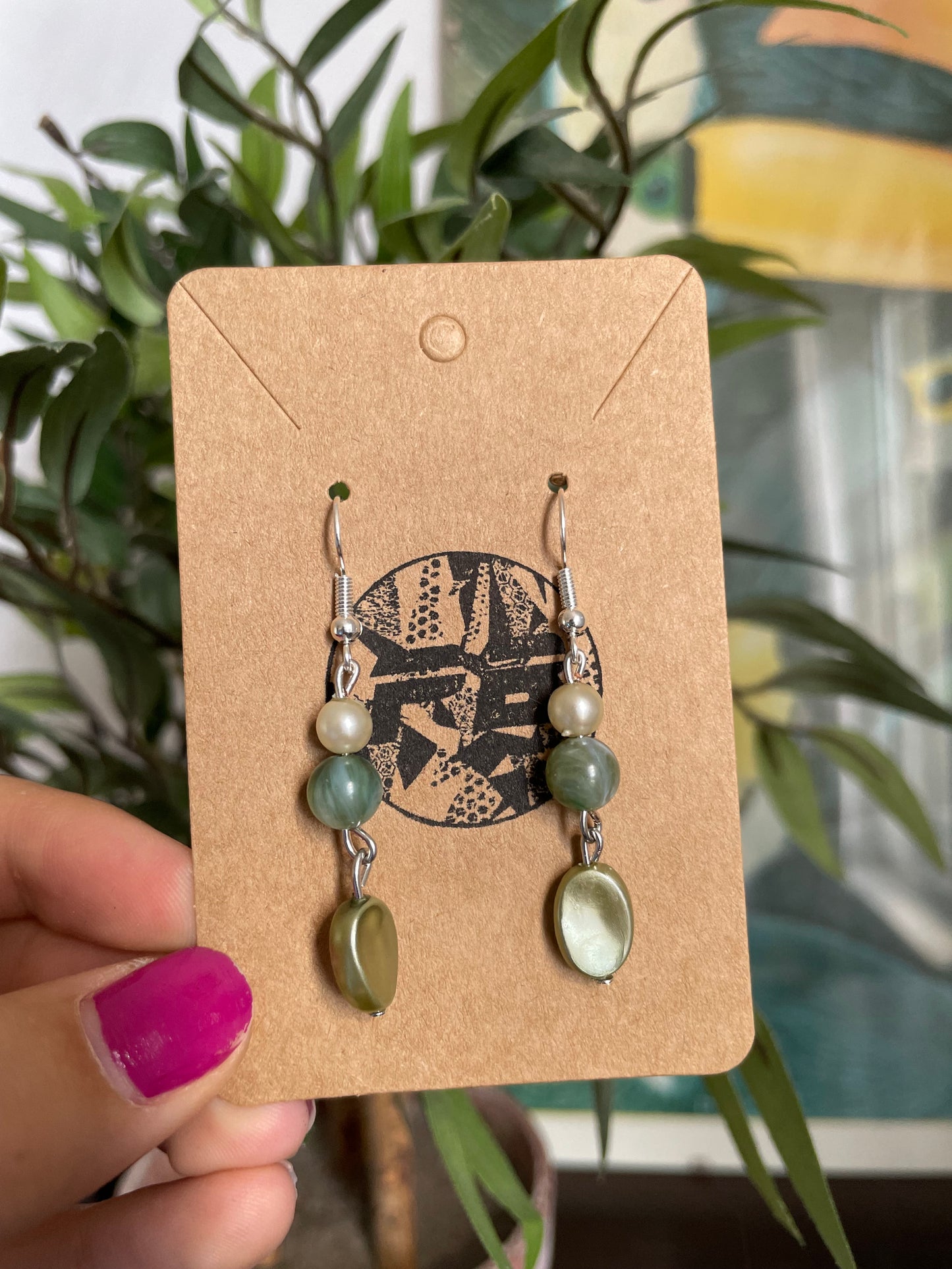 Elegant Upcycled Pearl & Light Green Beaded Earrings