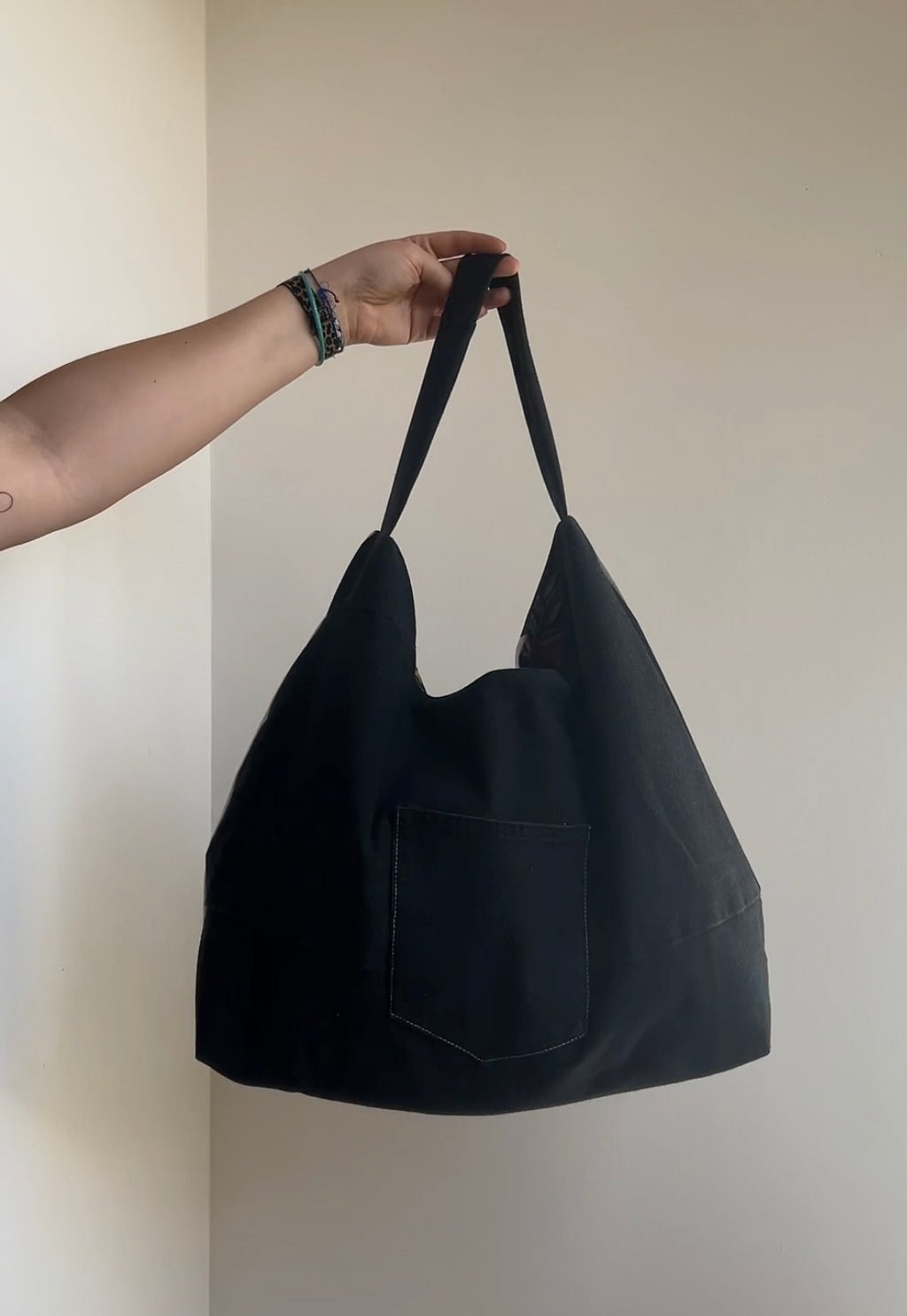 Up-cycled Denim Patchwork Shoulder Bag - Black Tones/ Black Back