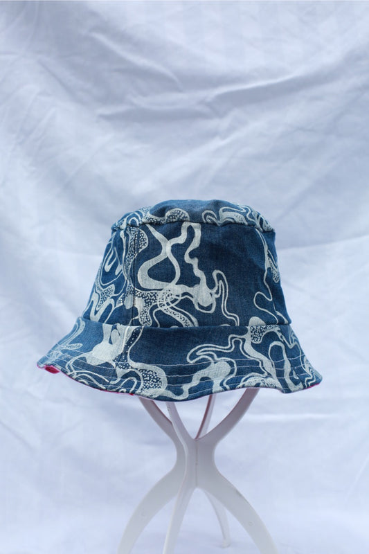 Handmade Reversible Bucket Hat -  Medium Denim Swirl and Pink Ice dye