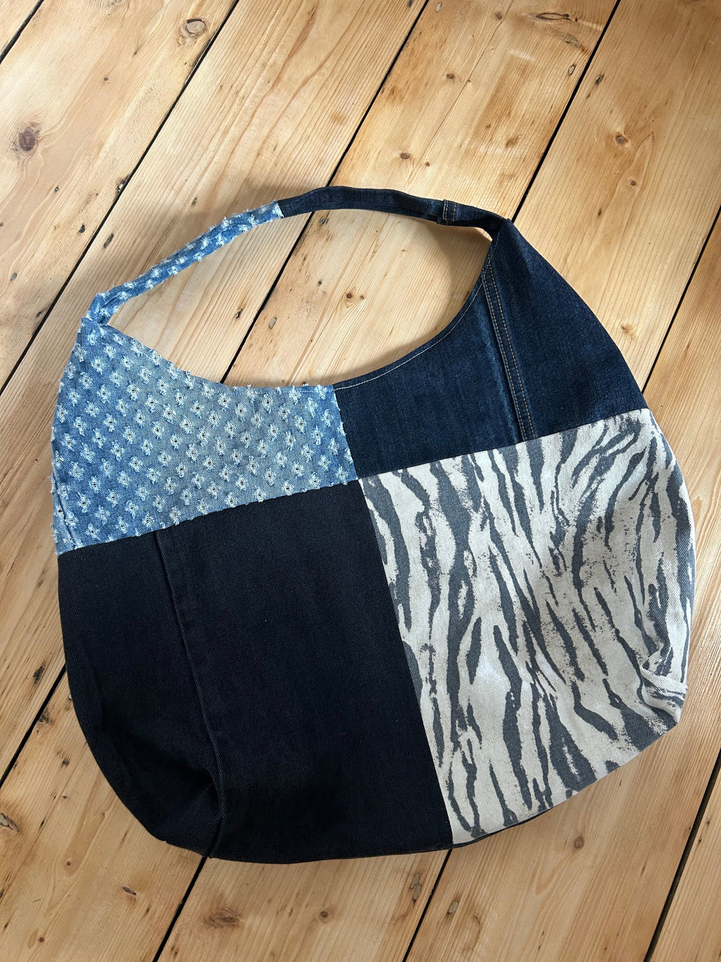 Up-cycled Dark Denim and Zebra print Patchwork Shoulder Bag - One of a kind