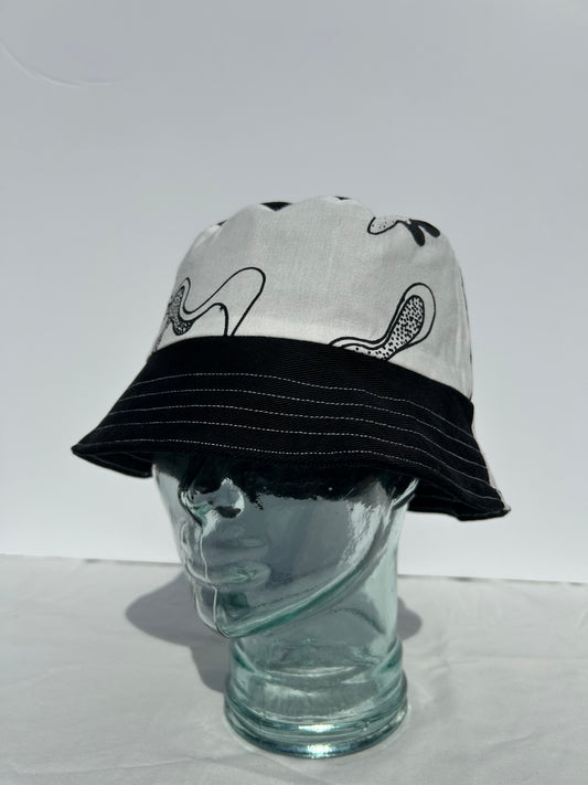 Handmade Reversible Bucket Hat - Medium Black and white swirl  and Black Denim