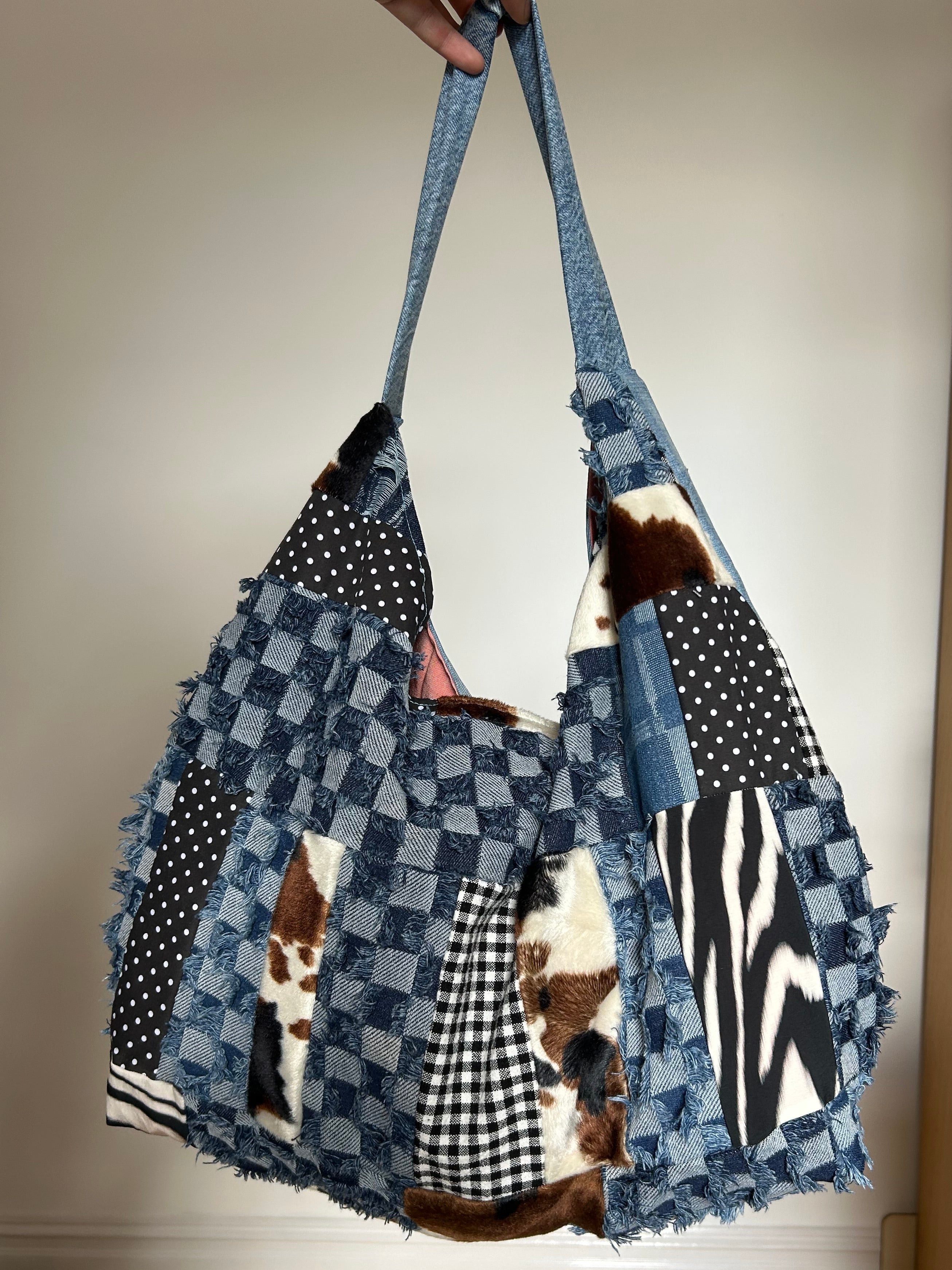 Up-cycled Denim and cow print Patchwork Star Shoulder Bag - One of a kind