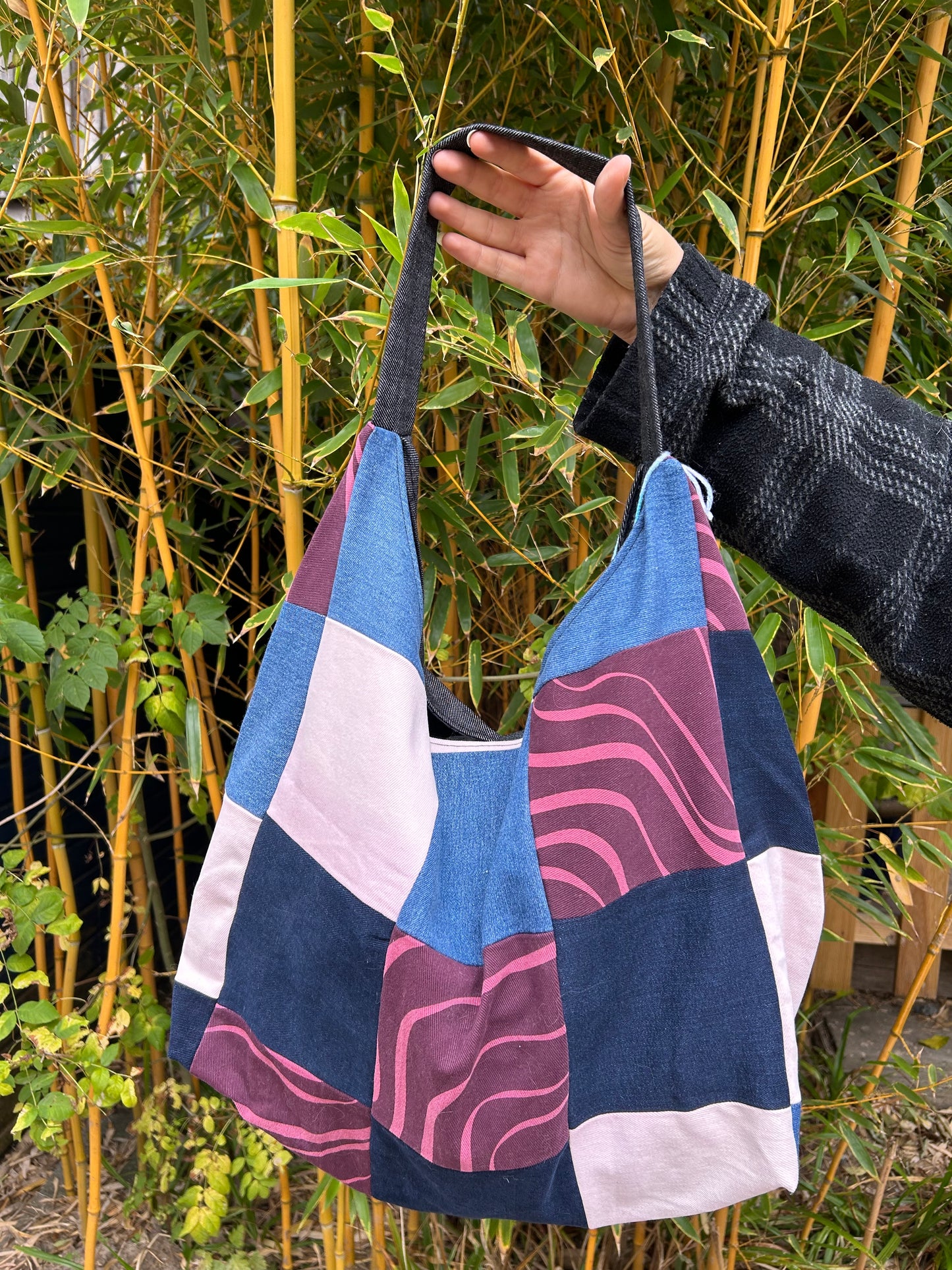 Upcycled Denim Patchwork Shoulder Bag - Blues, Pink & Purple