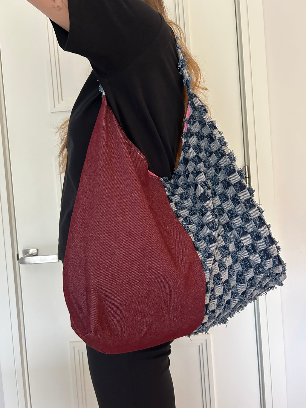 Up-cycled check Denim and Red half and half Shoulder Bag - One of a kind