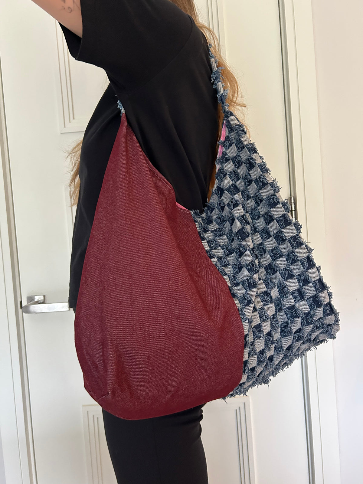 Up-cycled check Denim and Red half and half Shoulder Bag - One of a kind