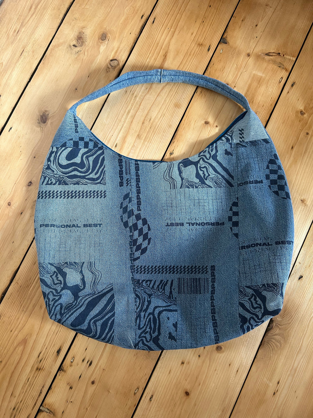 Up-cycled Denim Screen print Patchwork Shoulder Bag - One of a kind