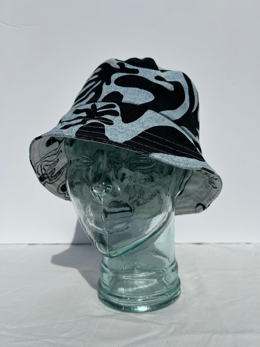 Handmade Reversible Bucket Hat - Medium Cleo Printed Denim and Black and White swirl
