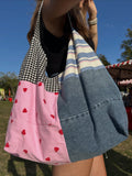 Up-cycled Denim and Heart print Patchwork Shoulder Bag - One of a kind