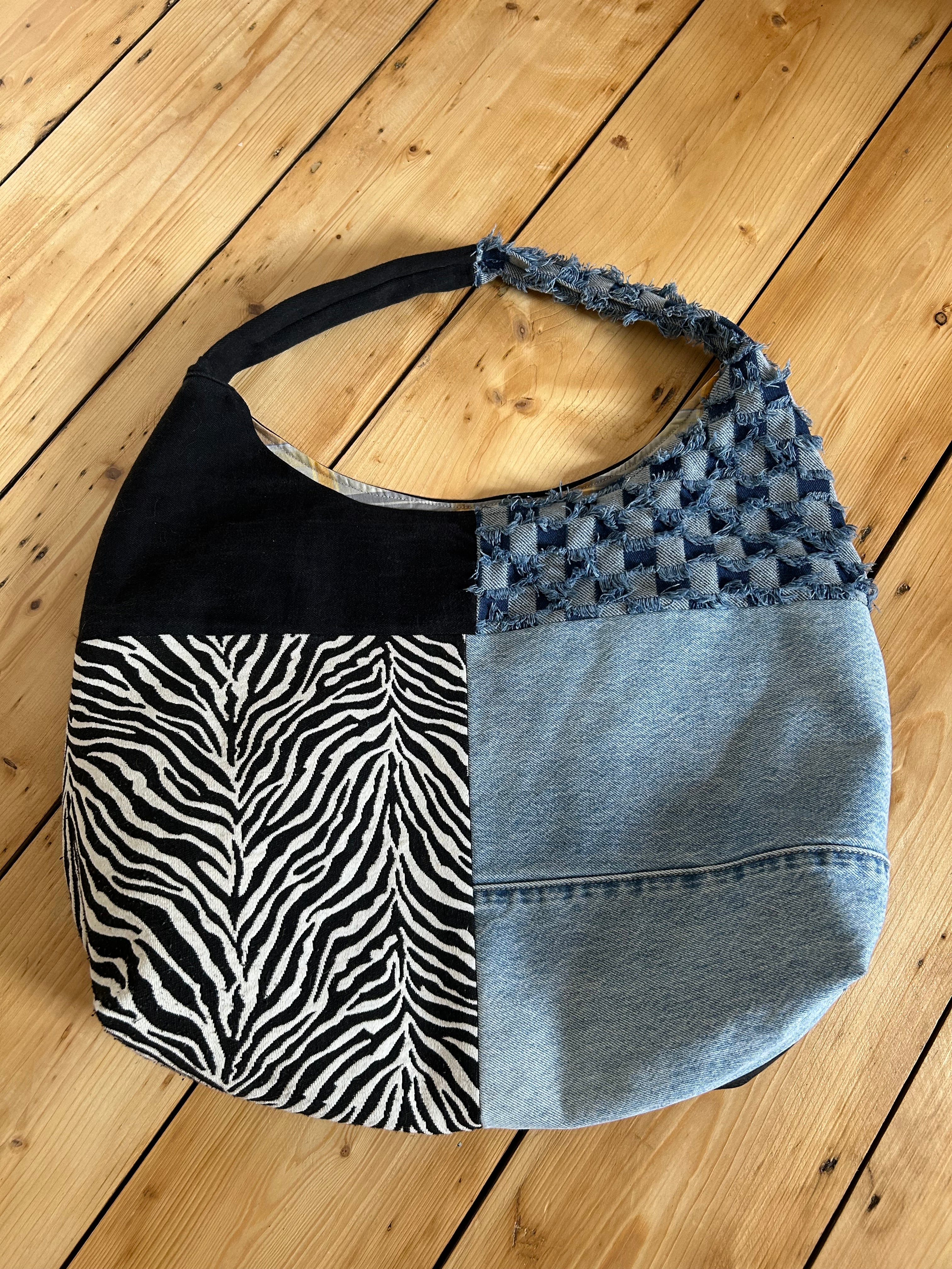 Up-cycled Denim and Zebra print Patchwork Shoulder Bag - One of a kind