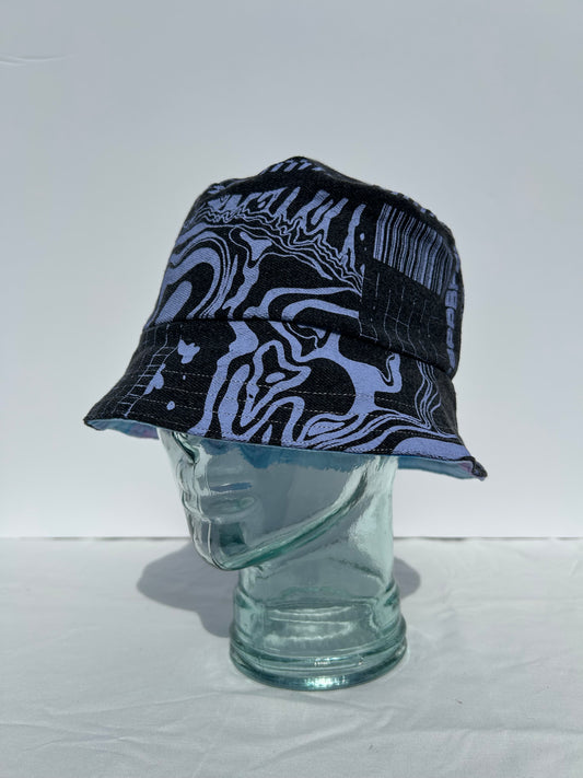 Handmade Reversible Bucket Hat - Medium Pink & Teal and Blue Denim