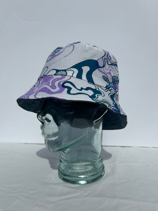 Handmade Reversible Bucket Hat - Medium Purple and Teal Swirl and Blue Denim