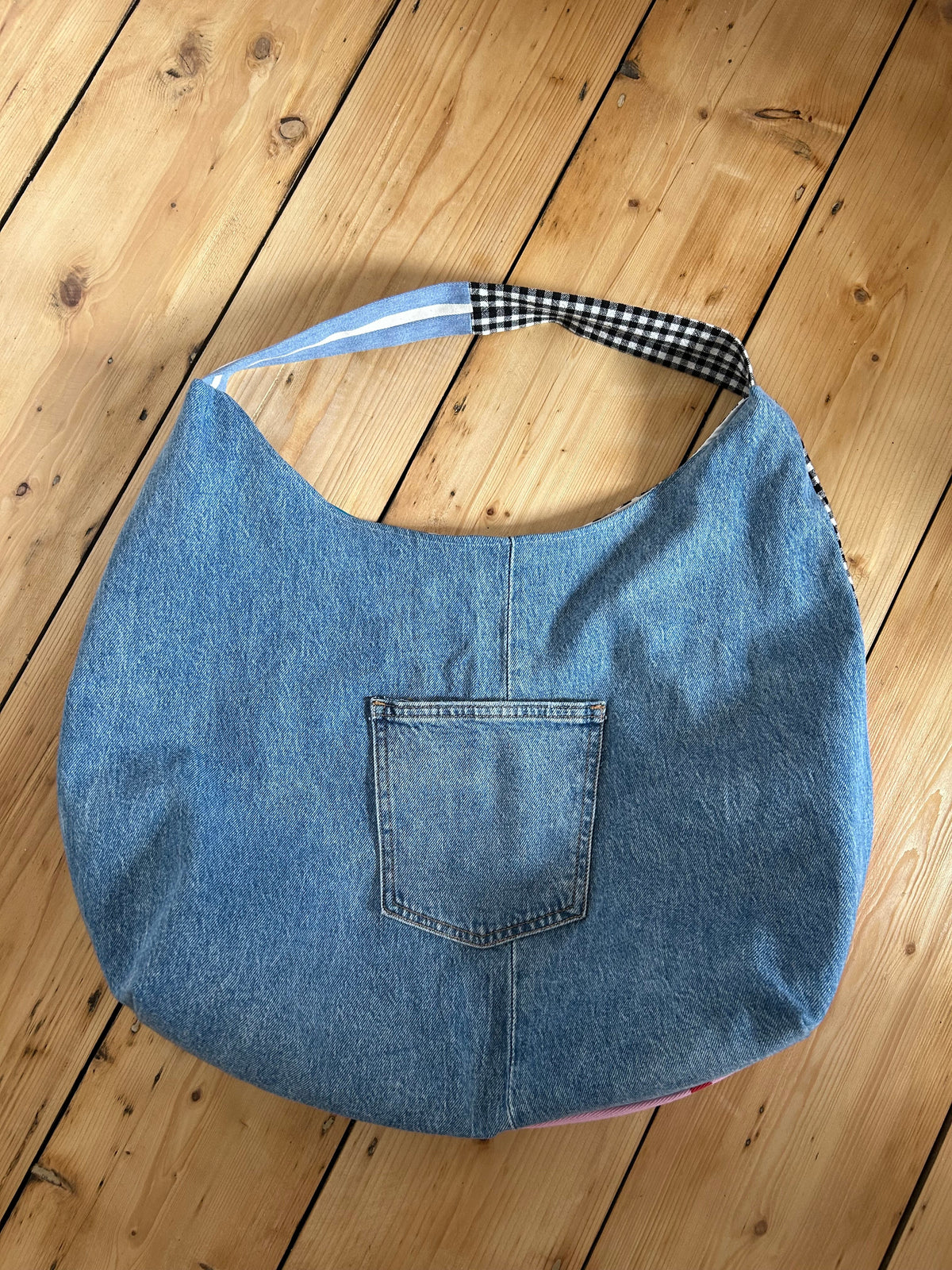 Up-cycled Denim and Heart print Patchwork Shoulder Bag - One of a kind
