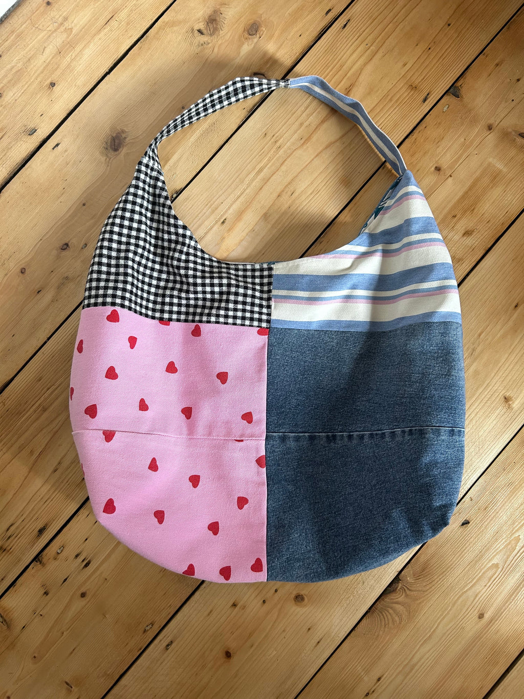Up-cycled Denim and Heart print Patchwork Shoulder Bag - One of a kind