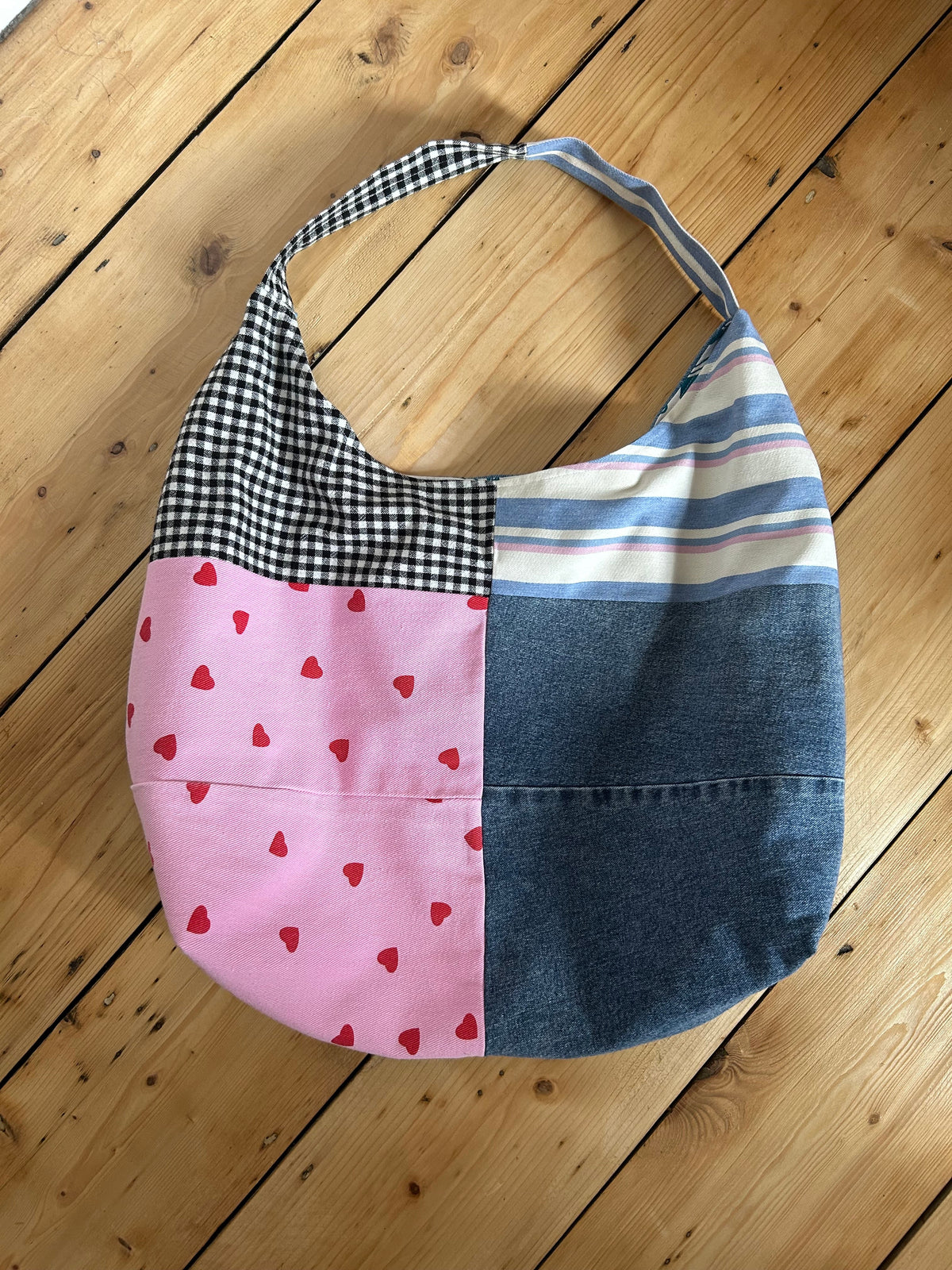 Up-cycled Denim and Heart print Patchwork Shoulder Bag - One of a kind