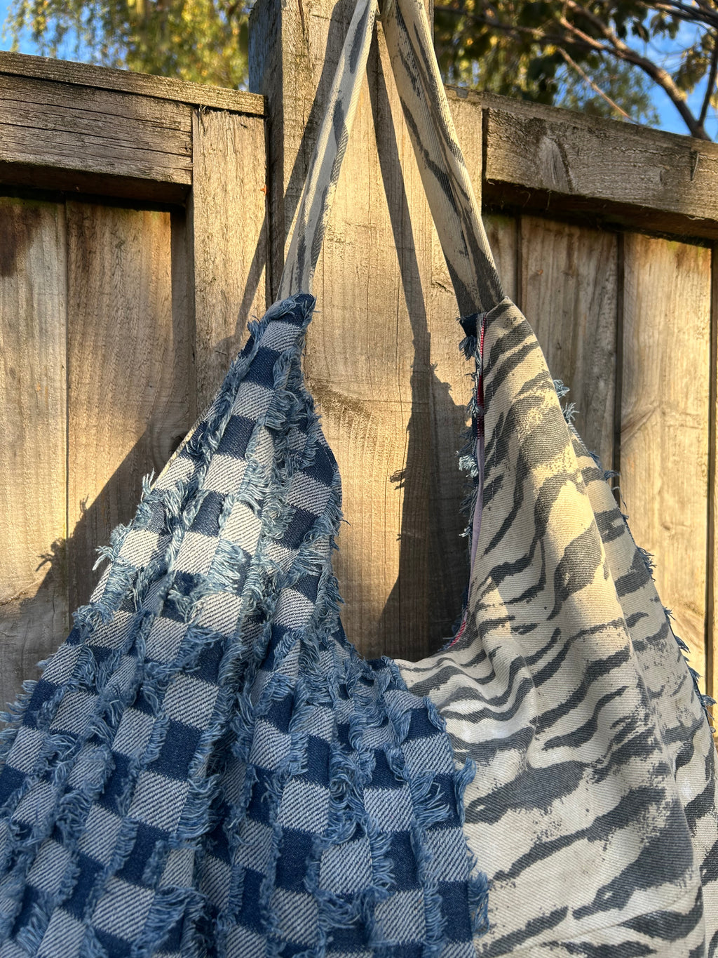 Up-cycled check Denim and Zebra print half and half  Shoulder Bag - One of a kind