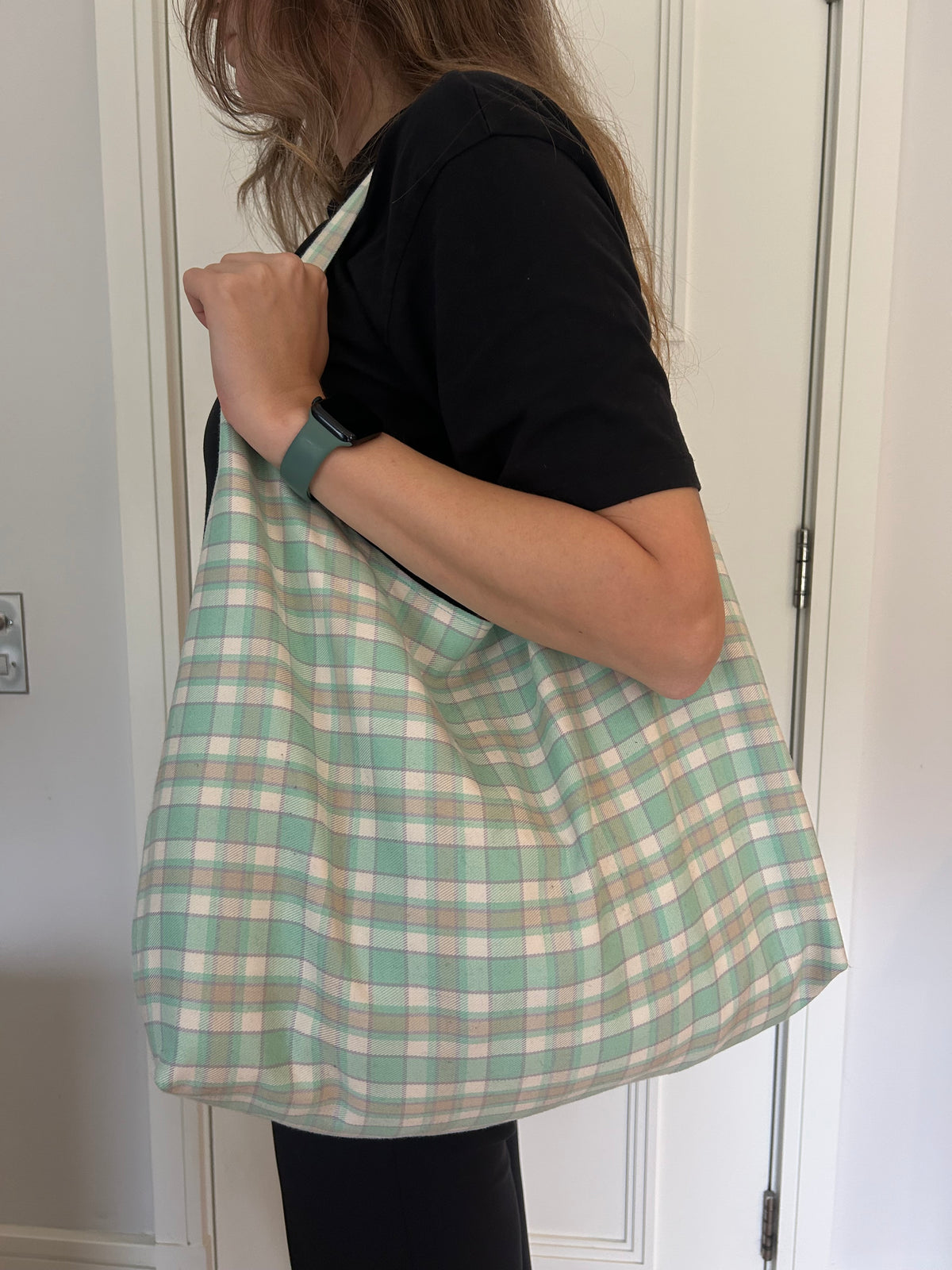 Up-cycled Green and beige check Shoulder Bag - One of a kind
