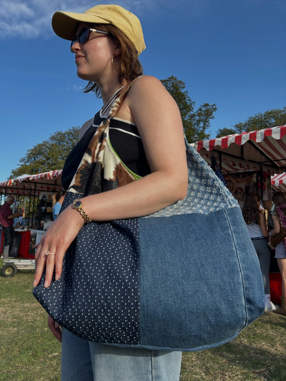 Up-cycled Denim and Cow print Patchwork Shoulder Bag - One of a kind