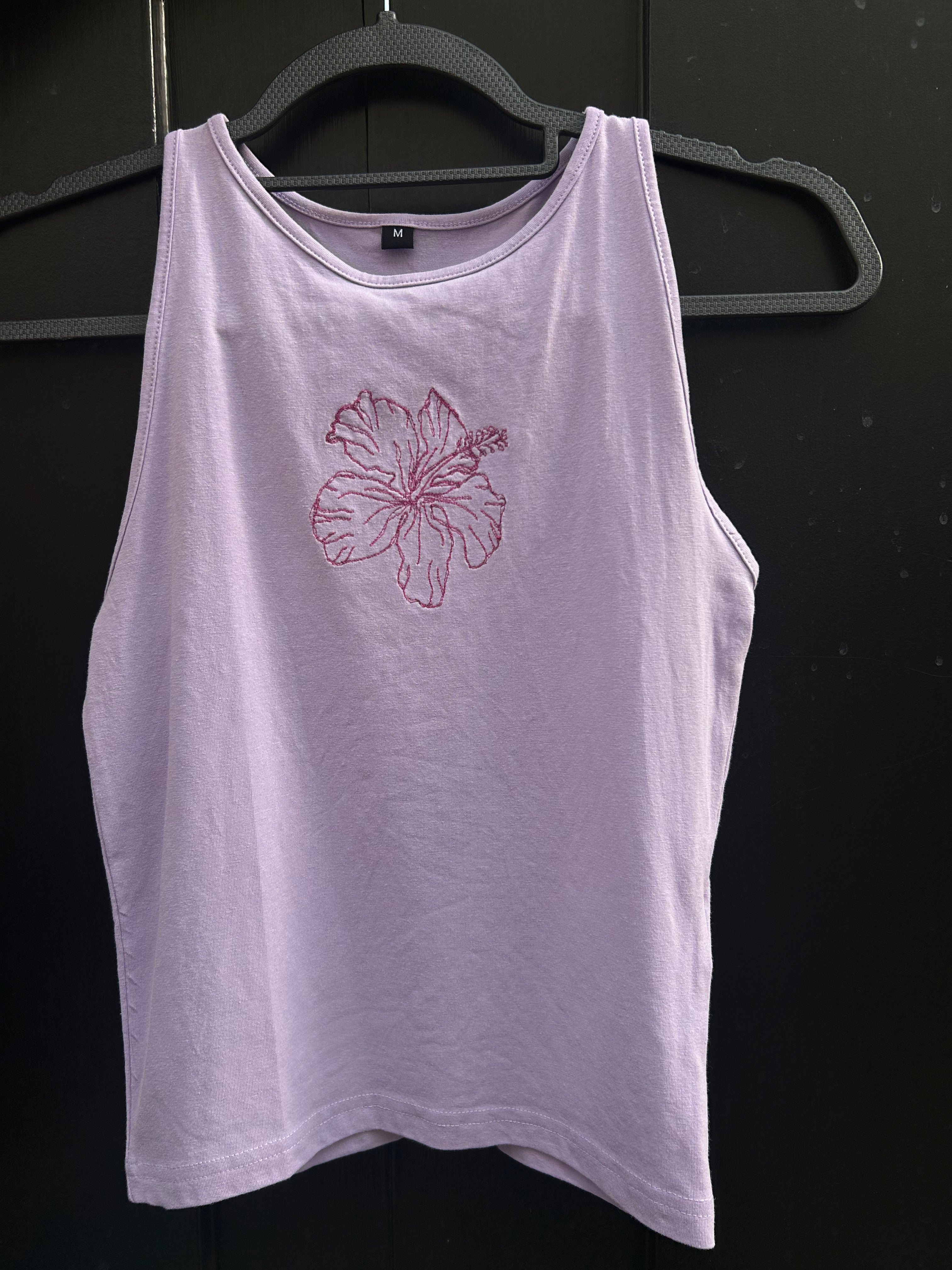 Hand Embroidered Hibiscus Tank Top | Handmade Lilac Vest