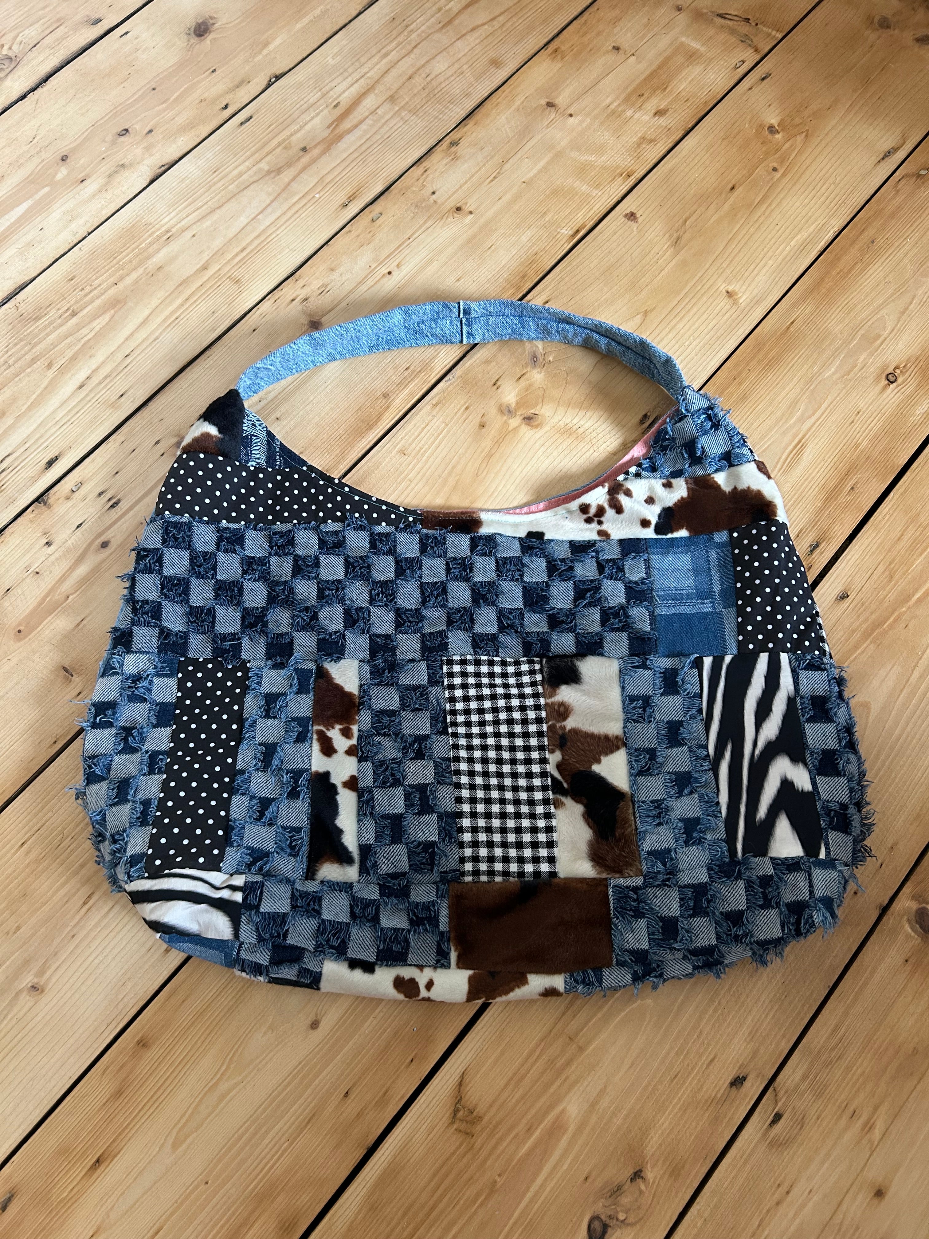 Up-cycled Denim and cow print Patchwork Star Shoulder Bag - One of a kind