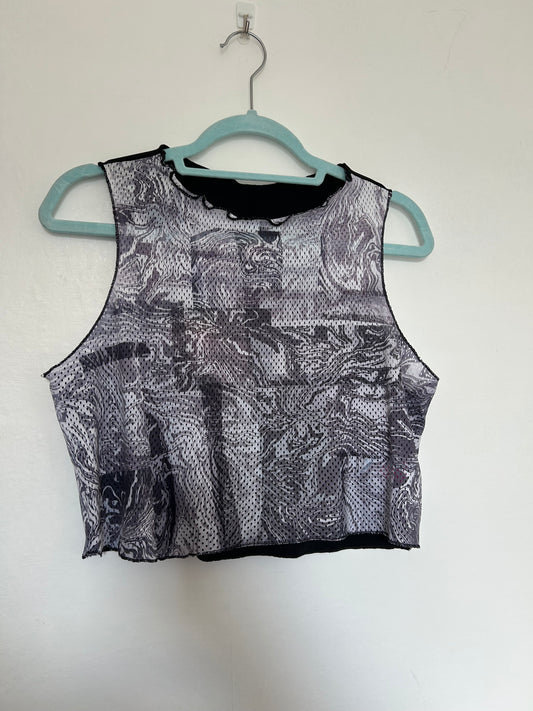 Printed Crop top | Swirl Print Black Mesh | Extra Large