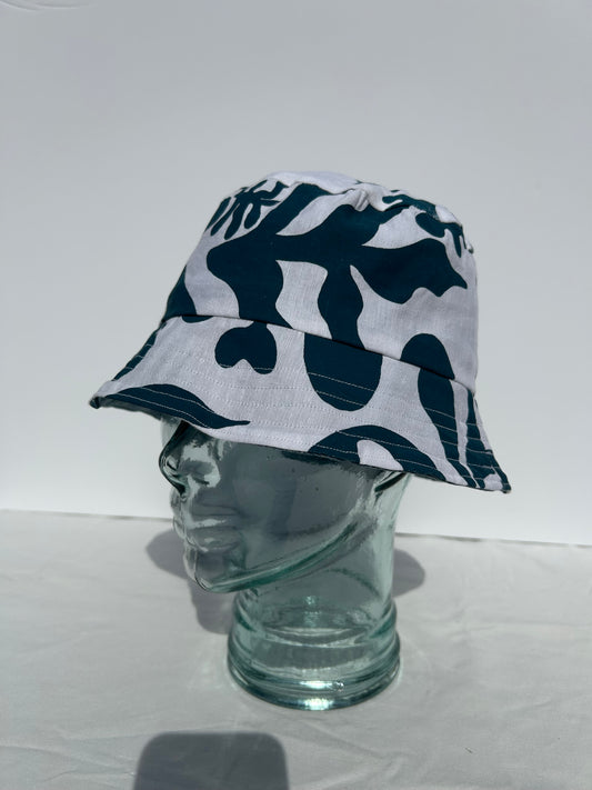 Handmade Reversible Bucket Hat - Medium Teal Cleo Print and Blue Denim