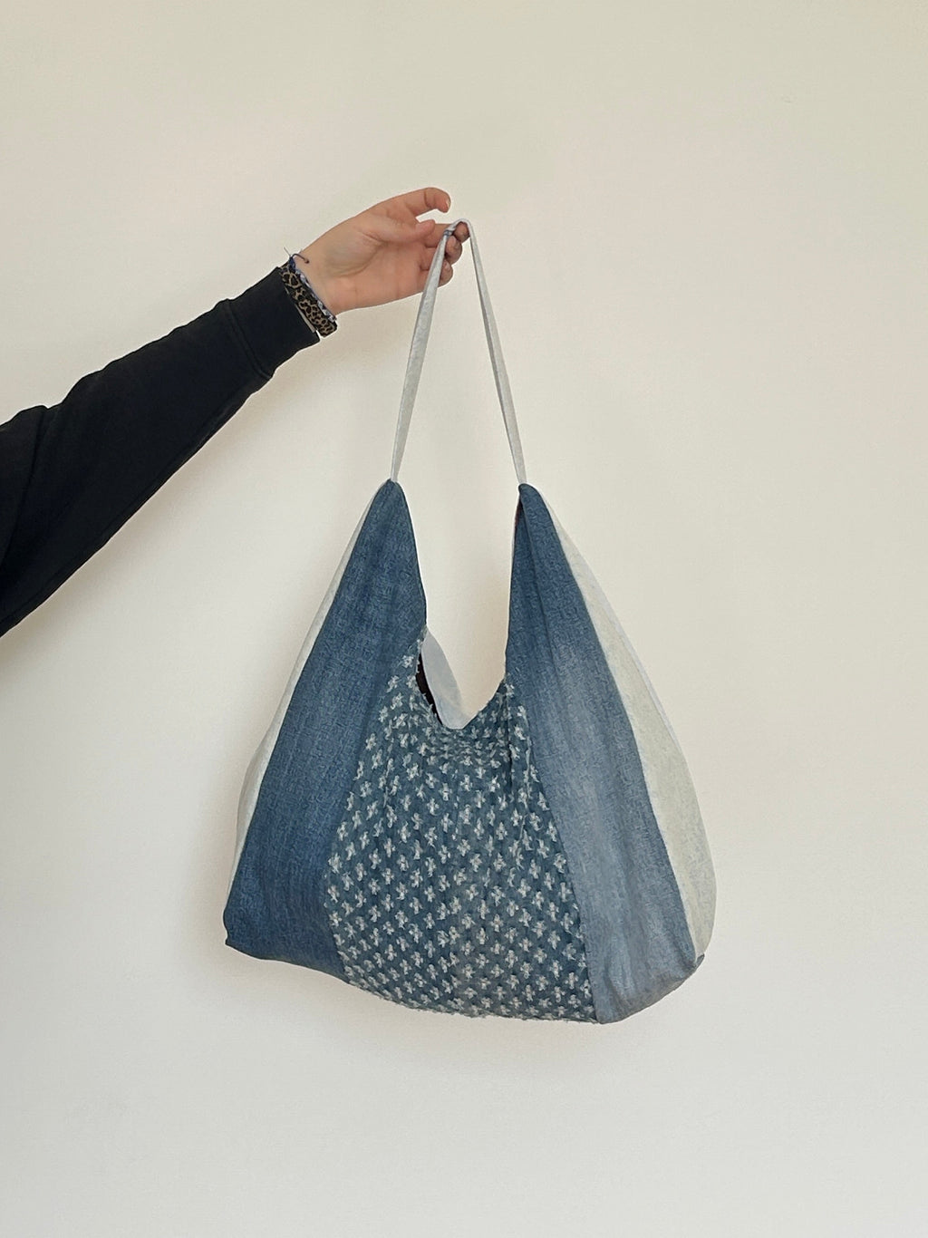 Up-cycled Denim Patchwork Shoulder Bag - Blues / Acid washed Back