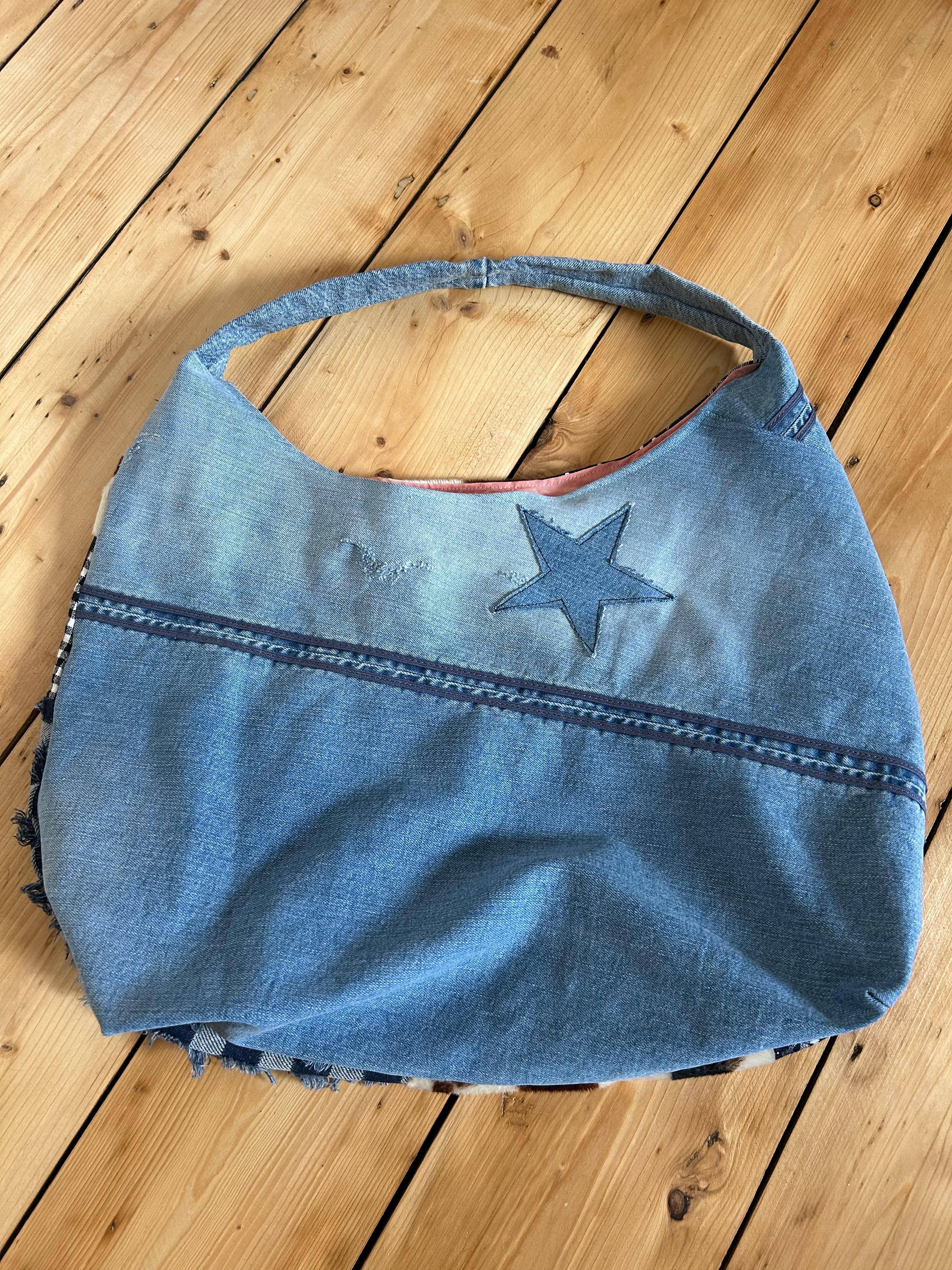 Up-cycled Denim and cow print Patchwork Star Shoulder Bag - One of a kind