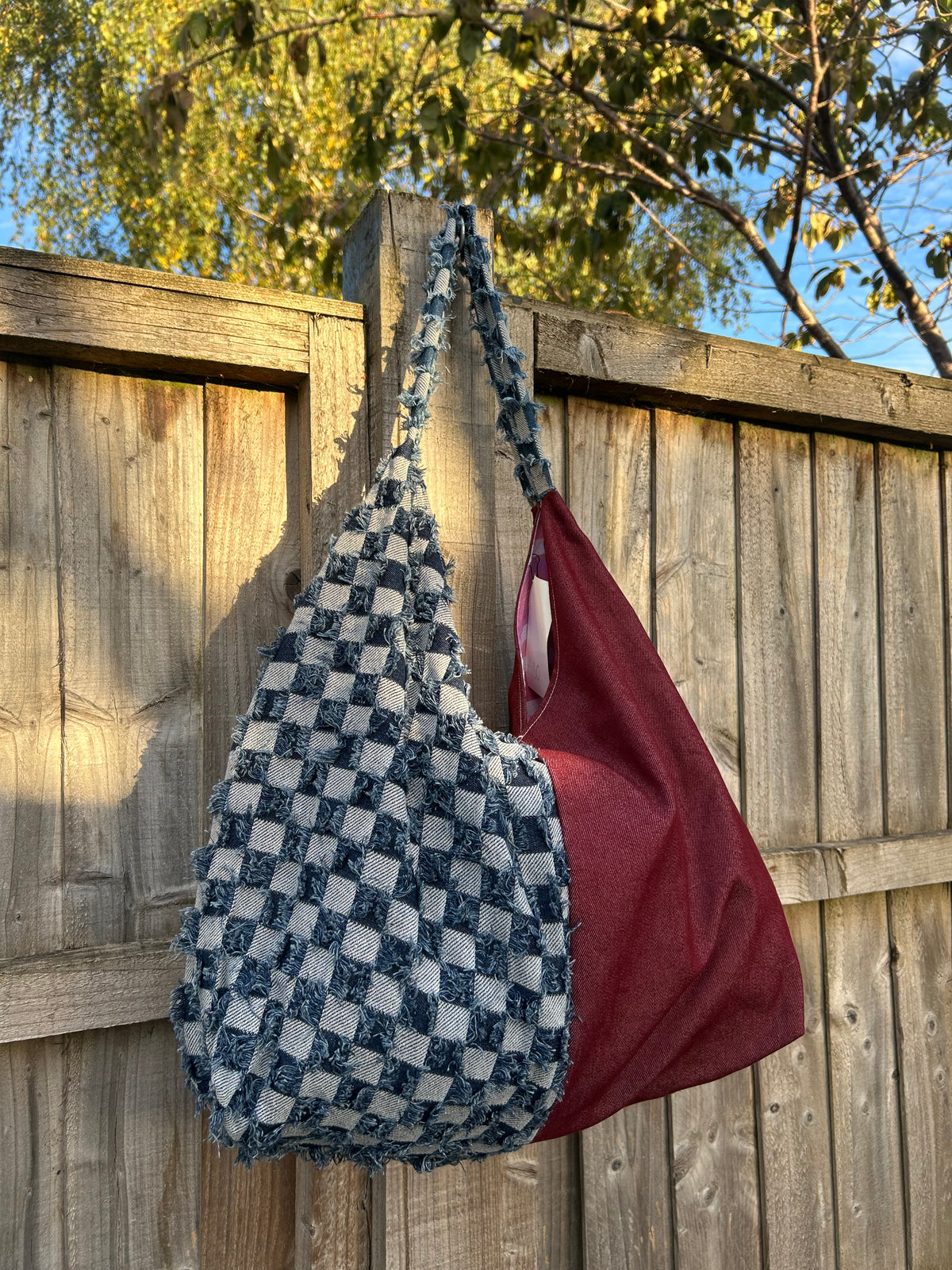 Up-cycled check Denim and Red half and half Shoulder Bag - One of a kind