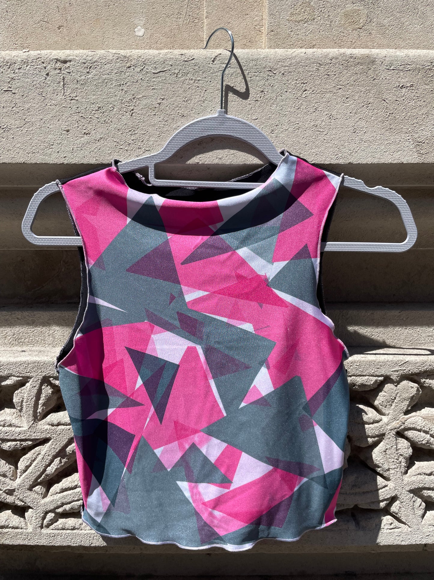 Printed Crop top | Pink and Green Triangle Lycra | Medium