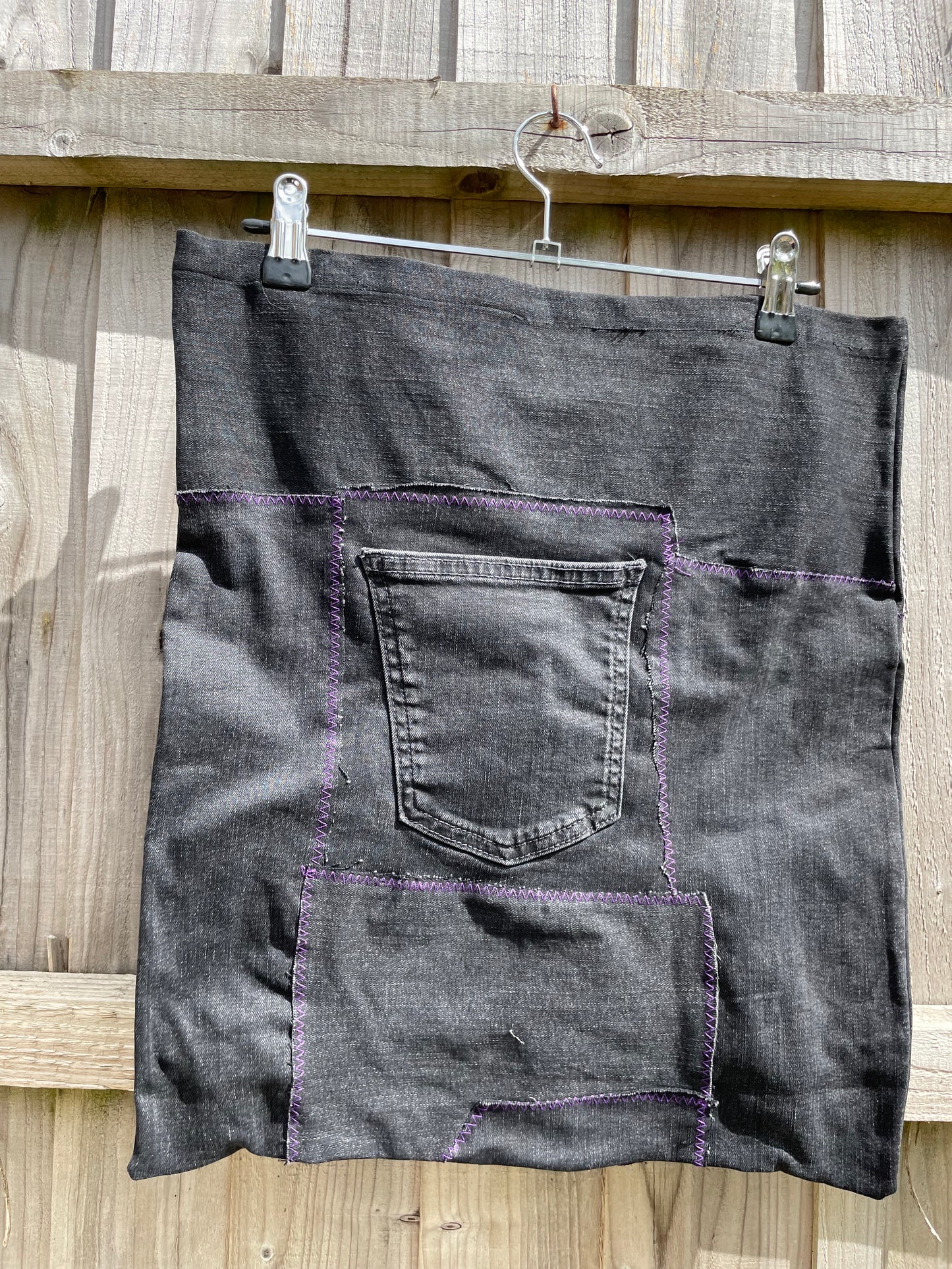 Denium Patchwork Tote Bag | Black with Purple stitching