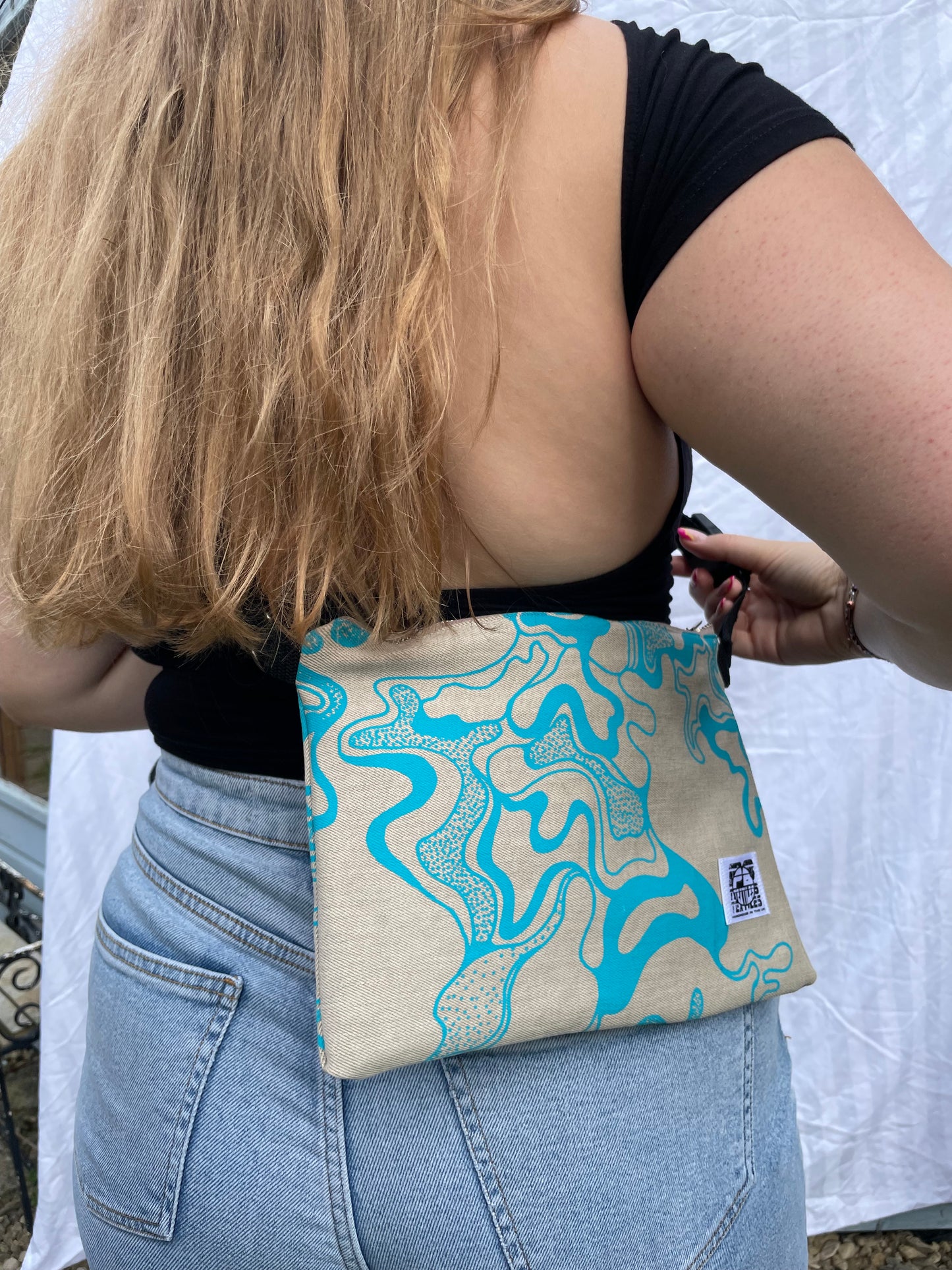 Printed Crossbody Bag | Blue and Beige Denim