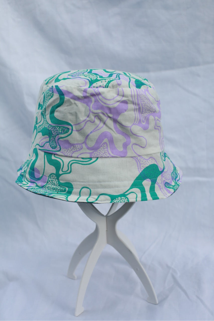 Handmade Reversible Bucket Hat -  Medium Green & Pink Swirl and Blue Denim