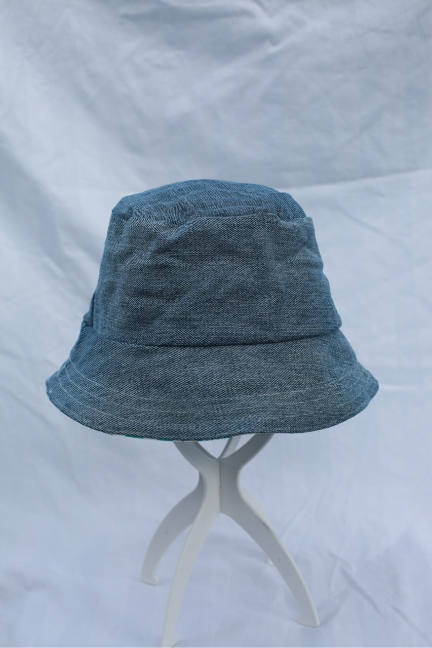 Handmade Reversible Bucket Hat -  Medium Green & Pink Swirl and Blue Denim