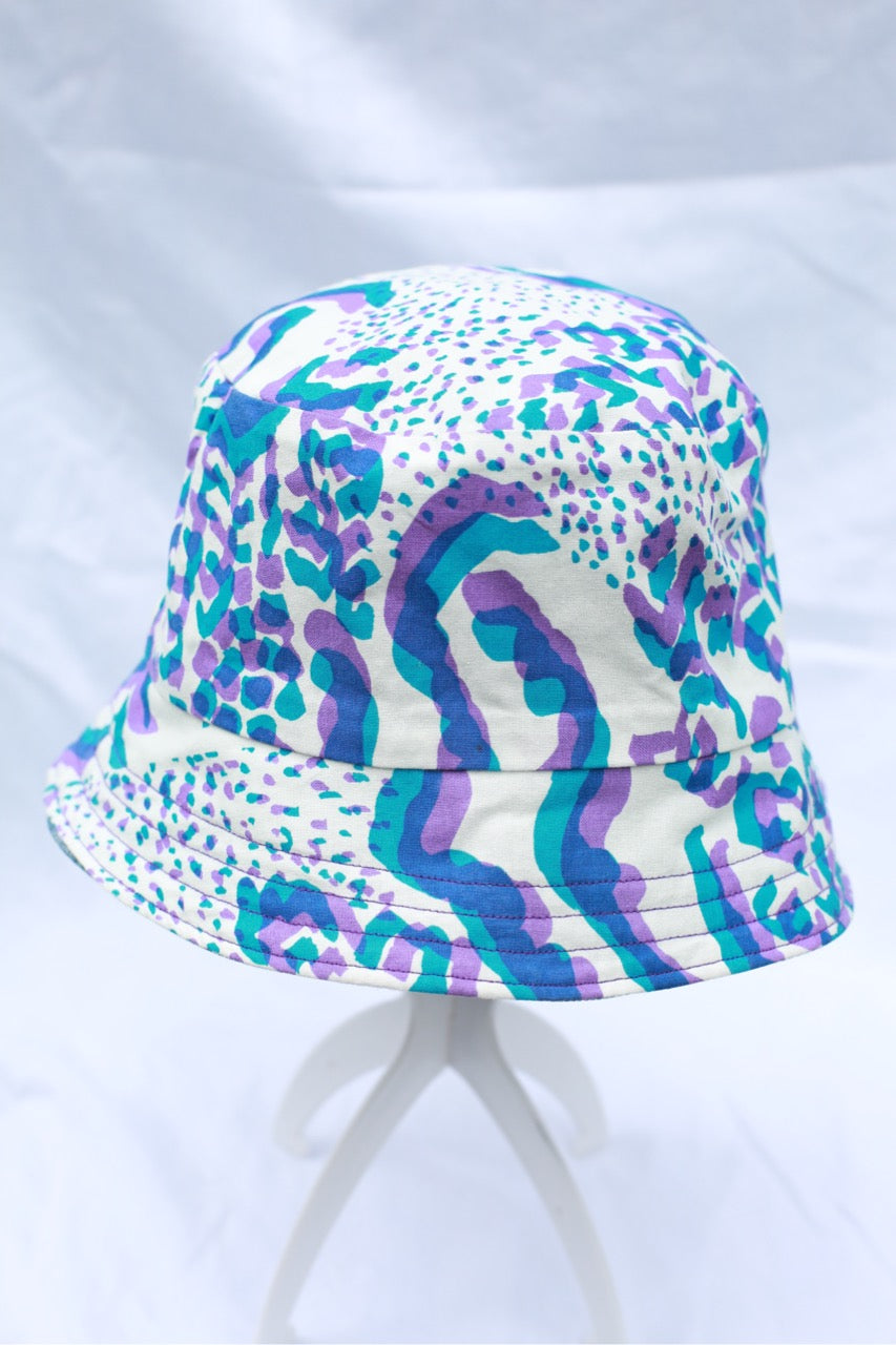 Handmade Reversible Bucket Hat -  Medium Blue & Purple Animal Print and Denim