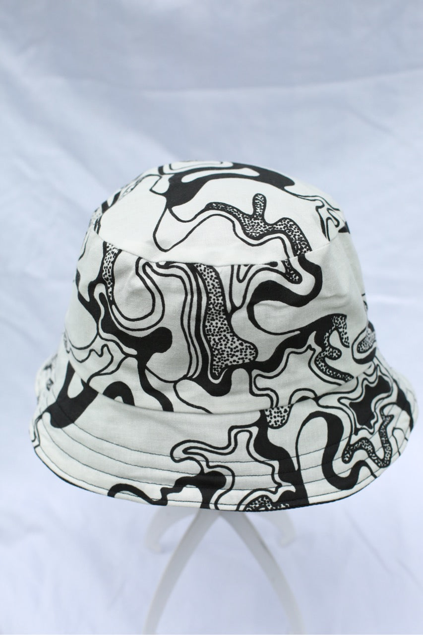 Handmade Reversible Bucket Hat -  Medium Black Swirl and Black Denim